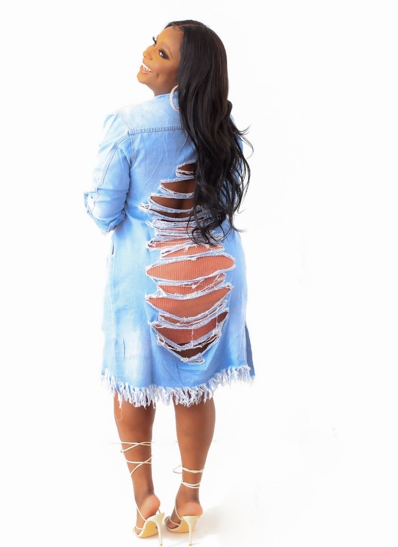 distressed denim jacket dress DISTRESSED DENIM JACKET-DRESS Variations Style